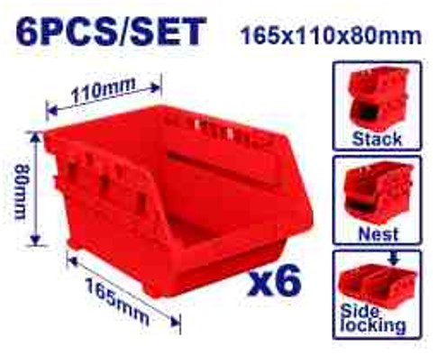 6 Pcs Storage Bins Set 165x110x80mm, PP Plastic, Stackable Wall-Mountable